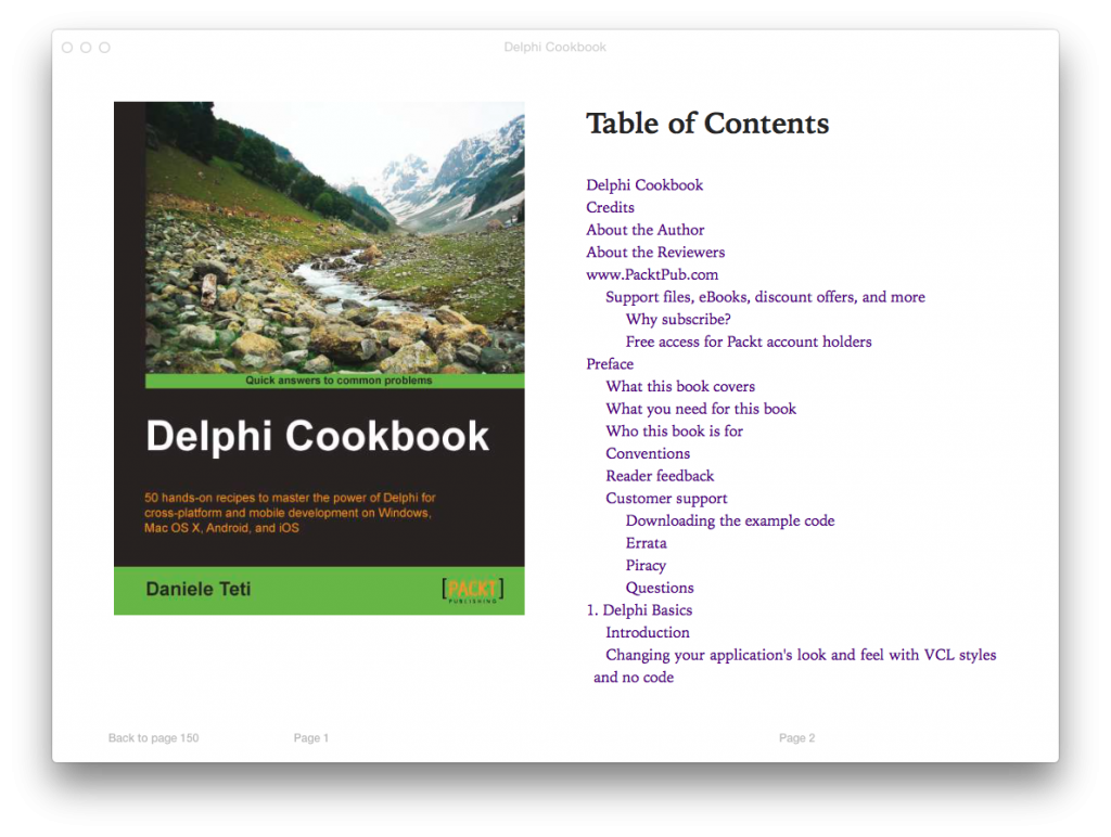 Front page of the Delphi Cookbook, epub version, shown in iBooks