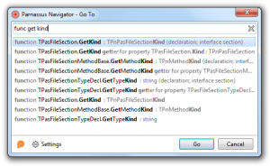 The Parnassus Navigator 'Go To' window, showing filtered results